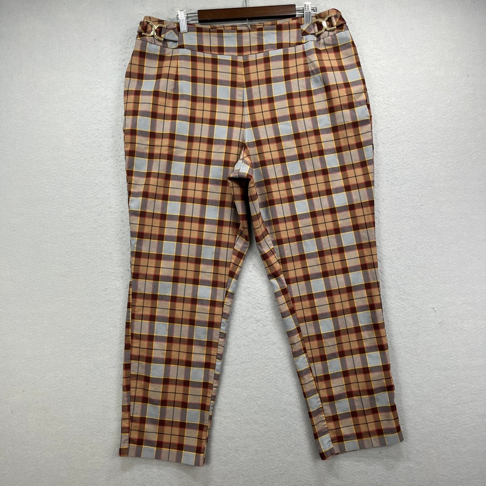 Cato Plaid Trousers Women 18W Brown Check Ankle Stretch Office Workwear Preppy